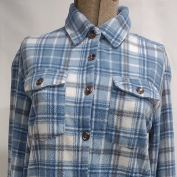 INNER CIRCLE SHIRT FLEECE BLUE WHITE BROWN PLAID FRONT BUTTON FRINGE HEM SIZE S - Picture 3 of 13